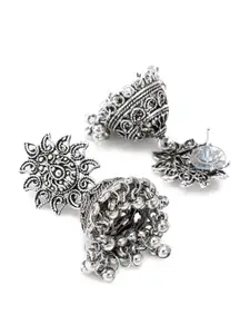 aadita Silver-Toned Oxidised Dome Shaped Jhumkas