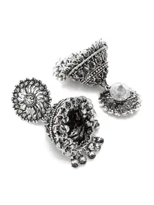 aadita Silver-Toned Geometric Jhumkas Earrings