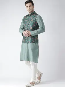 KISAH Men Green Regular Kurta with Pyjamas & Printed Nehru Jacket