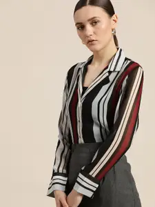 her by invictus Women Black & Grey Striped Semi Sheer Casual Shirt