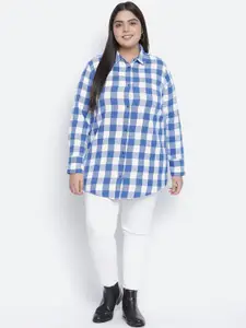 Oxolloxo Women Blue & White Opaque Checked Casual Shirt