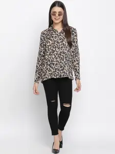 Oxolloxo Women Beige & Black Animal Printed Casual Shirt