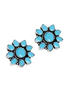 TEEJH Silver-Toned & Turquoise Blue Floral Studs Earrings