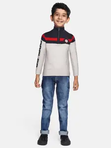 Gini and Jony Boys Grey Melange & Navy Blue Striped Pullover with Applique Detail