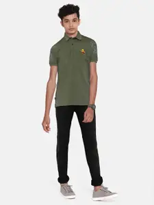 Gini and Jony Boys Olive Green & Blue Cotton Floral Printed Polo Collar T-shirt