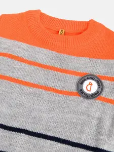 Gini and Jony Boys Grey Melange & Orange Striped Pullover with Applique Detail