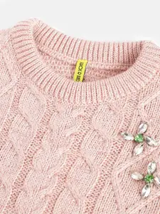 Gini and Jony Girls Peach-Coloured Cable Knit Pullover with Embellished Detail