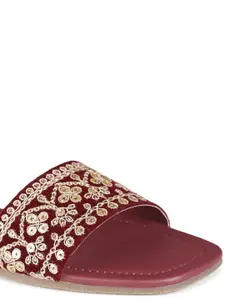 Vishudh Women Maroon Printed Open Toe Flats