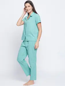 Clovia Women Green Striped Night suit