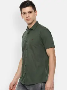 Louis Philippe Jeans Men Olive Green Slim Fit Opaque Printed Pure Cotton Casual Shirt