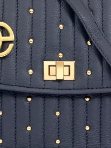 Eske Navy Blue Embellished Leather Structured Satchel