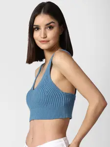 FOREVER 21 Women Blue Ribbed Cotton Cropped Cami Sweater