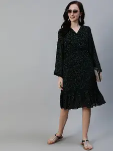 Ishin Women Black & Green Printed Georgette Wrap Dress