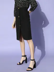 SASSAFRAS Women Black Solid Straight Cotton Skirt