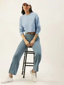 FOREVER 21 Women Blue Raw Edge Crop Sweatshirt