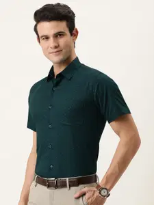 Peter England Men Teal Green Slim Fit Polka Dot Printed Cotton Formal Shirt