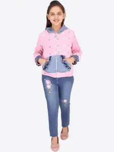 CUTECUMBER Girls Pink & Blue Printed Hooded Sweatshirt