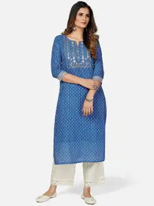 Vbuyz Women Blue Ethnic Motifs Printed Keyhole Neck Thread Work Kurta