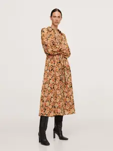 MANGO Women Orange & Black Floral A-Line Midi Dress