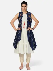 Vbuyz Women Blue Ethnic Motifs Printed Thread Work Kurta