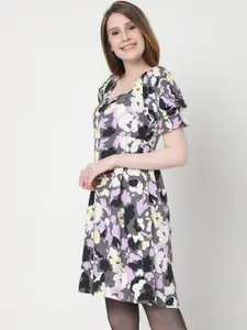 Vero Moda Grey & Purple Floral A-Line Dress