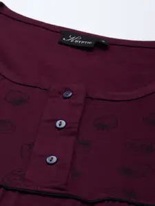Kryptic Burgundy Printed Pure Cotton Maxi Nightdress