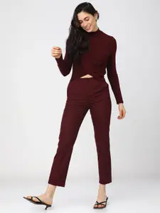 Tokyo Talkies Women Maroon Solid High Neck Wrap Crop Top