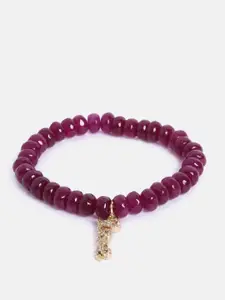 MINUTIAE Women Gold-Toned & Purple Brass Onyx Handcrafted Gold-Plated Elasticated Bracelet
