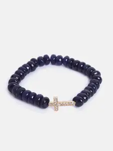 MINUTIAE Women Gold-Toned & Black Brass Onyx Handcrafted Gold-Plated Elasticated Bracelet