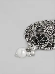 Anouk Silver-Toned Oxidised Beaded Circular Drop Earrings