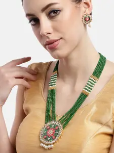 Anouk Green & Gold-Toned Stone-Studded & Beaded Necklace Set