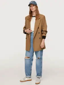 MANGO Women Mustard Brown Solid Longline Double-Breasted Regular Fit Blazer