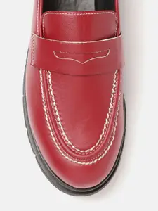 Roadster Women Burgundy Solid Platform Penny Loafers with Thread Work Detail