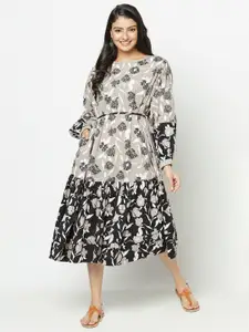 Fabindia Grey Floral Printed Fit & Flare Midi Dress