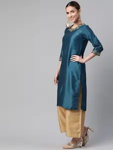 Rangriti Women Teal Blue Ethnic Motifs Embroidered Kurta