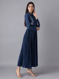 W Blue & White Embroidered Shirt Maxi Dress