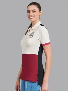 Beverly Hills Polo Club Women White & Red Colourblocked Polo Collar T-shirt