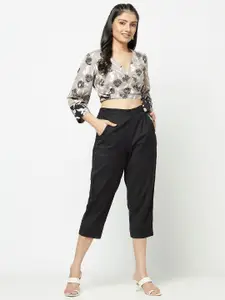 Fabindia Grey Floral Linen Wrap Crop Top