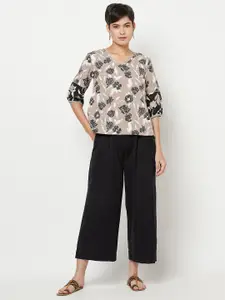 Fabindia Grey & Black Floral Linen Regular Top