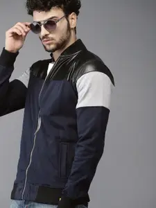 Campus Sutra Men Navy Blue & Black Colourblocked Windcheater Outdoor Bomber Jacket