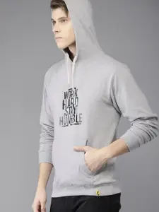 Campus Sutra Men Grey Printed Hooded Cotton Sweatshirt