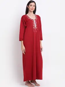 Secret Wish Maroon Embroidered Maxi Nightdress