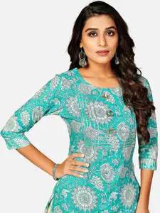 Vbuyz Women Blue Ethnic Motifs Printed Keyhole Neck Kurta