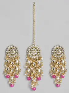 Peora Magenta Pink Gold Plated Kundan Studded Beaded Classic Drop Earrings & Maang Tika