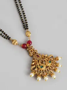 Peora Gold Plated & Red Beaded Mangalsutra With Earrings