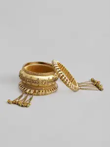 Peora Set of 10 Beige Handcrafted Silk Thread Kundan Floral Studded Chuda Bangles