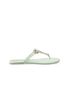 Mochi Women Green Embellished T-Strap Flats