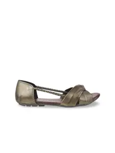 Mochi Women Gold-Toned Leather Open Toe Flats