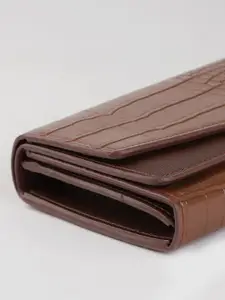 Lino Perros Women Tan Brown Croc Textured Long Three Fold Wallet