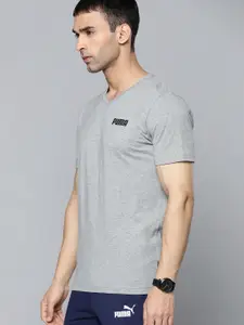 Puma Men Grey Melange Elevated Essential V-Neck Pure Cotton T-shirt